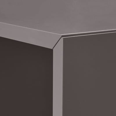 An EKET cube shelf, grey, square-shaped, with clean lines and a modern design, ready for wall or floor placement.