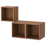 Brown wooden cube shelves; ikea EKET, wall-mounted, empty.