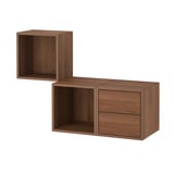 Brown wall-mounted storage with open & closed sections, top cube, bottom 2-drawer box.