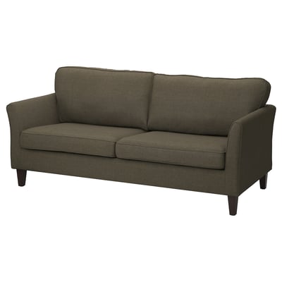 Sophisticated olive green 3-seat sofa w/ textured fabric, wooden legs, & elegant design.