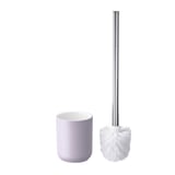 A light purple EKOLN toilet brush holder with a white brush next to it. The holder has smooth curves and the brush has a silver handle.