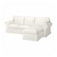 An EKTORP 3-seat sofa with a chaise in white. Made from cotton and polyester, the sofa has a rolled-arm design and a cushioned seat.