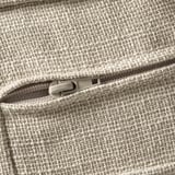 Close-up of a high-quality zipper on a cream-colored, woven fabric bag with detailed texture.