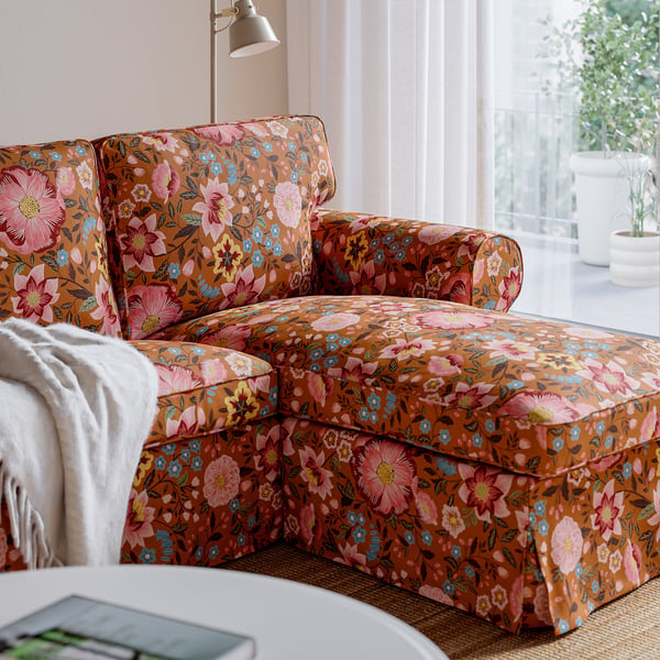 EKTORP 3-seat sofa with chaise longue, Mångbyn brown/multicolour