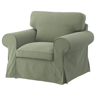 EKTORP armchair, sage green, plush fabric, rounded edges, removable cover.