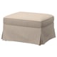 An EKTORP footstool in beige with a square shape and gathered skirt design. It storage under the seat.
