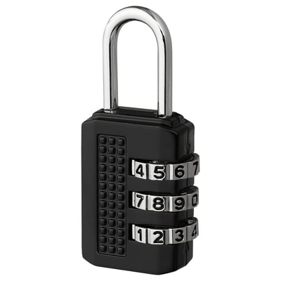 Black ellovén combination padlock with 4-number code, zinc body, chrome hook, square shape, and textured grip.