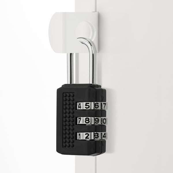 Black combination lock with four number dials attached to a white metal loop.