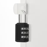 Black combination lock with four number dials attached to a white metal loop.