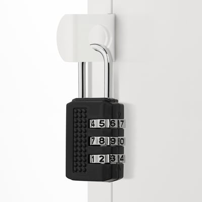 Black combination lock with four number dials attached to a white metal loop.