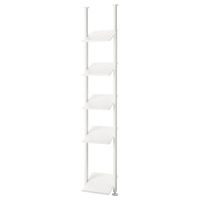 A white ELVARLI adjustable shelving system with five shelves. It has a sleek, modern design, perfect for various storage needs.