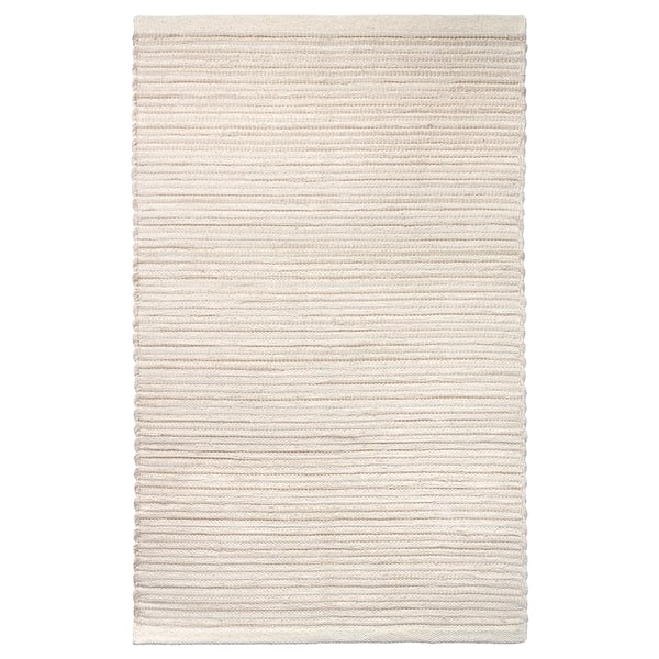 Handwoven ENERGIKÄLLA rug, neutral colors, cotton, rectangular, textured stripes.