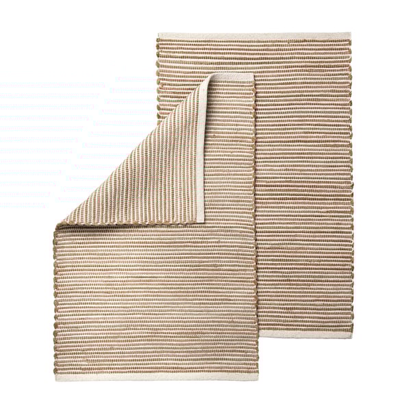 Handwoven ENERGIKÄLLA rug in multicolored hues, made from leftover cotton fabric, with a square shape and striped pattern.