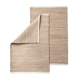 Handwoven ENERGIKÄLLA rug in multicolored hues, made from leftover cotton fabric, with a square shape and striped pattern.