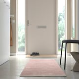 A minimalist entranceway with a small rug on the floor by the door, and another slightly larger rug further in. A stool and a coat hanger are visible.