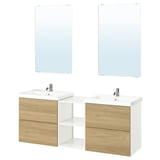 Modern bathroom setup with light wood & white vanities, double sinks, and rectangular mirrors.