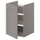 This image shows a grey ENHET bathroom cabinet with one door open, revealing shelves inside. The cabinet is rectangular with smooth surfaces.