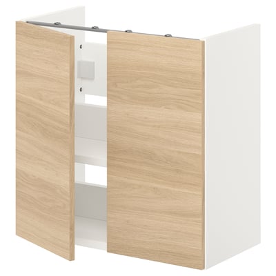 ENHET oak & white bathroom cabinet; rectangular, two doors, one shelf.