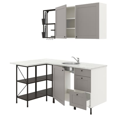 Modern kitchen setup with ENHET series: grey cabinets, marble countertop, stainless sink, open shelves.