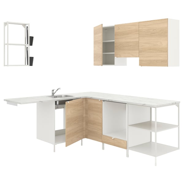 Modern kitchen set, ENHET series, white & light wood, l-shaped, includes sink, cabinets, shelves.
