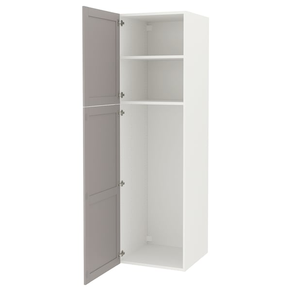 ENHET tall, white cabinet with gray doors, two shelves, clean minimalist design.