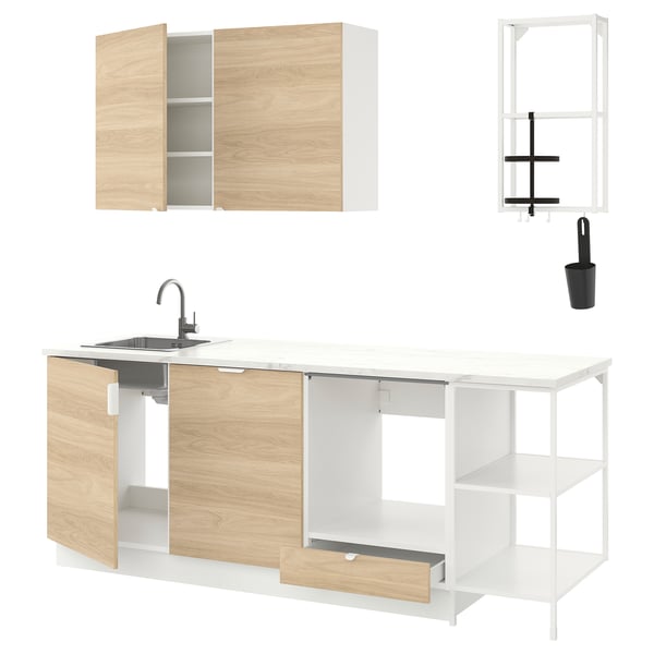 ENHET kitchen set: light wood & white cabinets, stainless sink, open & closed storage.