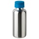 Option: A sleek silver stainless steel water bottle with a blue handle lid, designed for easy carrying and durability.