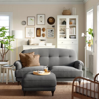 ESSEBODA grey 2-seat sofa, tufted back, rolled arms, chenille cover.