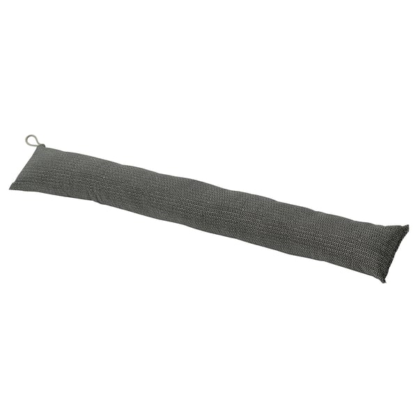 Long dark grey rectangular pillow with loop, textured fabric.