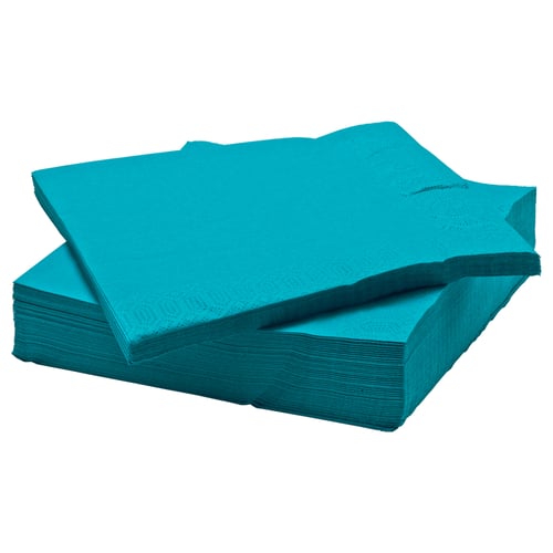 A stack of teal FANTASTISK napkins, square and folded, made of 3-ply paper.