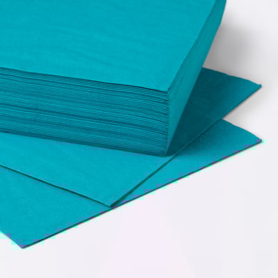 A stack of teal FANTASTISK napkins, square and folded, made of 3-ply paper.