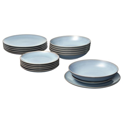 Blue stoneware dinner set with plates and bowls; simple, rustic design.