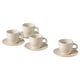 Four white ceramic cups and saucers arranged neatly; minimalist design, suitable for coffee or tea.