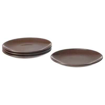 Stack of four rust-colored stoneware plates, simple design for versatile use.