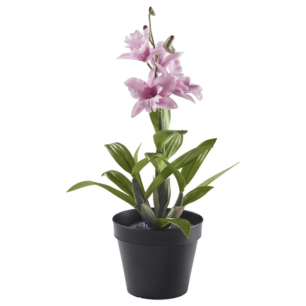 FEJKA: black-potted, pinkish-purple orchid plant with green leaves. Artificial, 100% recycled.