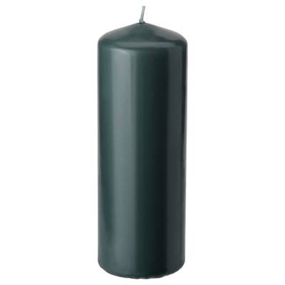 Dark green FENOMEN pillar candle, cylindrical shape, smooth texture, made from plant-based wax and cotton wick.