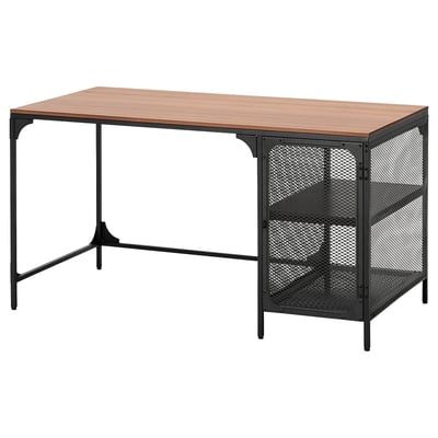 FJÄLLBO desk, light wood top, black metal frame, mesh shelf, industrial style.