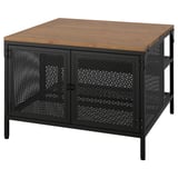 FJÄLLBO storage table, black and wood, rectangular, industrial design with metal and solid wood, mesh doors, stable, and practical.