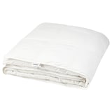 A white fjällräven duvet, rectangular, folded, with stitched walls for warmth, made from cotton and recycled down/feather filling.