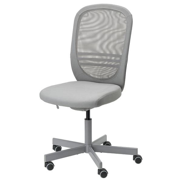 FLINTAN ergonomic office chair, grey mesh back, adjustable, silver base with wheels.