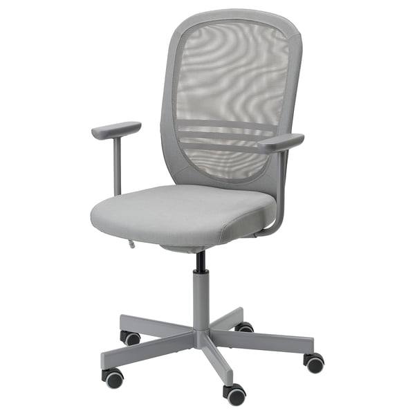 Modern office chair, gray, ergonomic mesh back, adjustable height, armrests, casters.