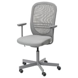 Modern office chair, gray, ergonomic mesh back, adjustable height, armrests, casters.