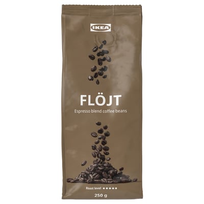 Brown bag of IKEA flojt espresso beans, showing coffee beans falling and piled at bottom, labelled 250g.