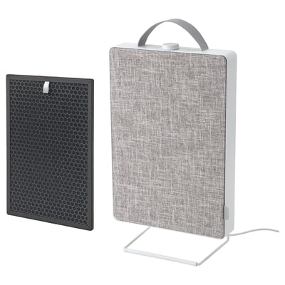 Two gray air purifiers, one on a stand, rectangular with fabric and metal design.