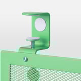 Green desk organizer clamped tightly, showcasing sturdy metal construction, felt pads for grip, and quality screws.