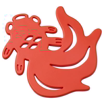 Red silicone kitchen trivet with playful goldfish shape and chinese art design.