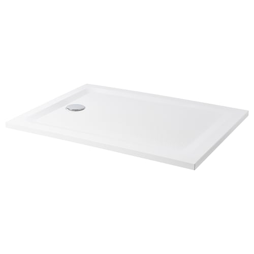 The FOTINGEN shower tray is sleek white, rectangular, with a smooth finish and anti-slip surface, designed for safety and style in modern bathrooms.