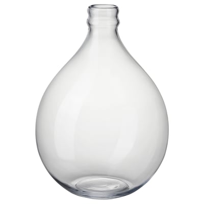 Clear glass vase, rounded shape, handcrafted, single stem opening.