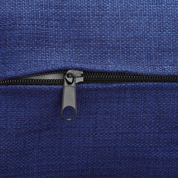 Zipper on blue fabric with metal pull. Well-made, sturdy.