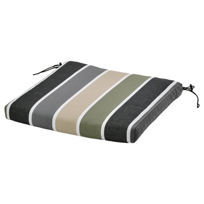 Rectangular outdoor seat cushion, grey, green, and beige stripes, secured with ties.